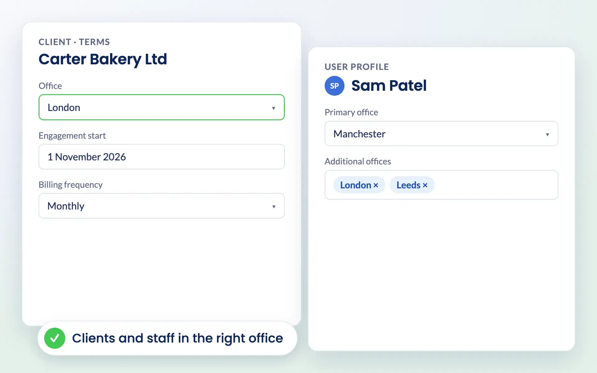 A client record with its office set to London and a user with Manchester as primary office plus London and Leeds