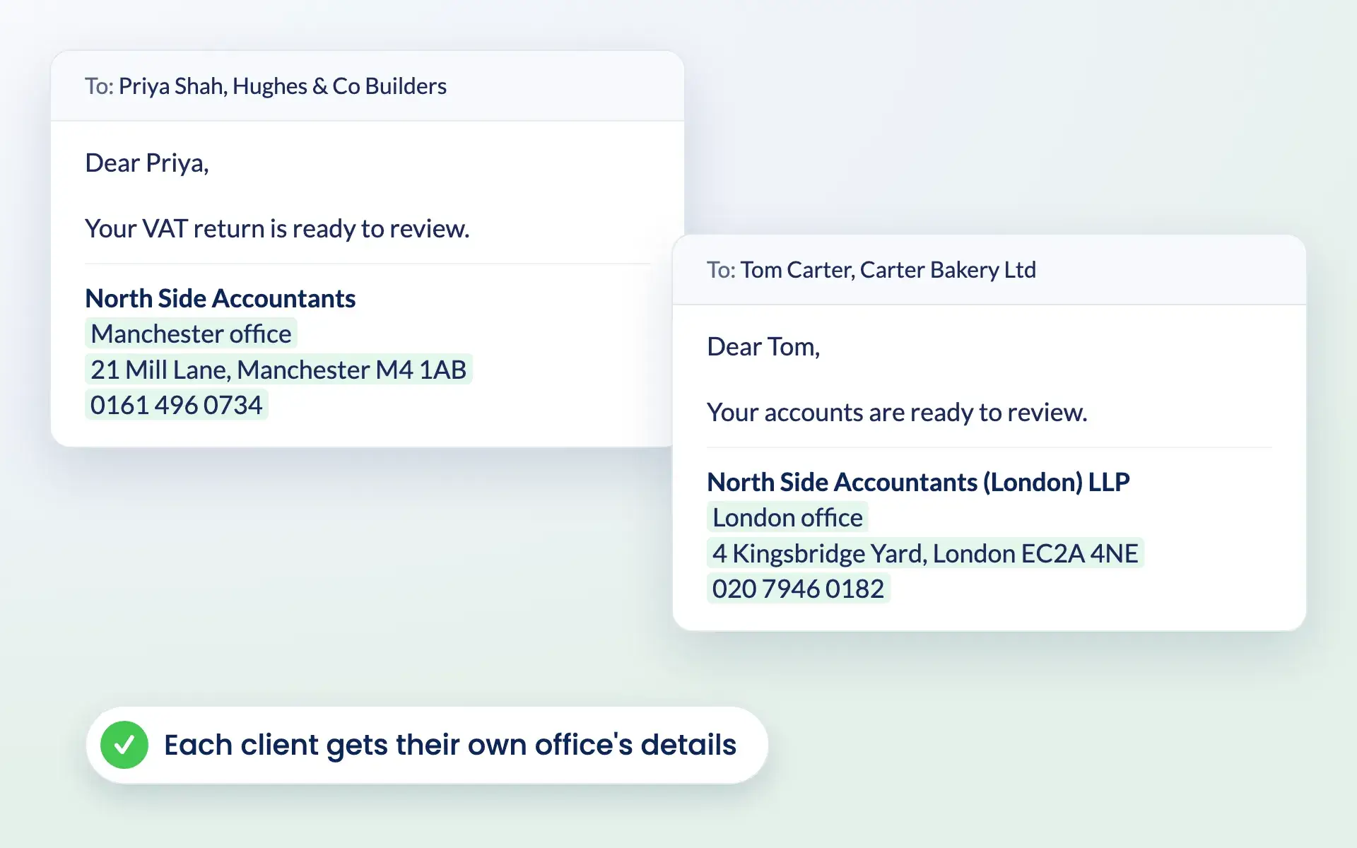 Two client emails, one signed with Manchester office details and one with London office details
