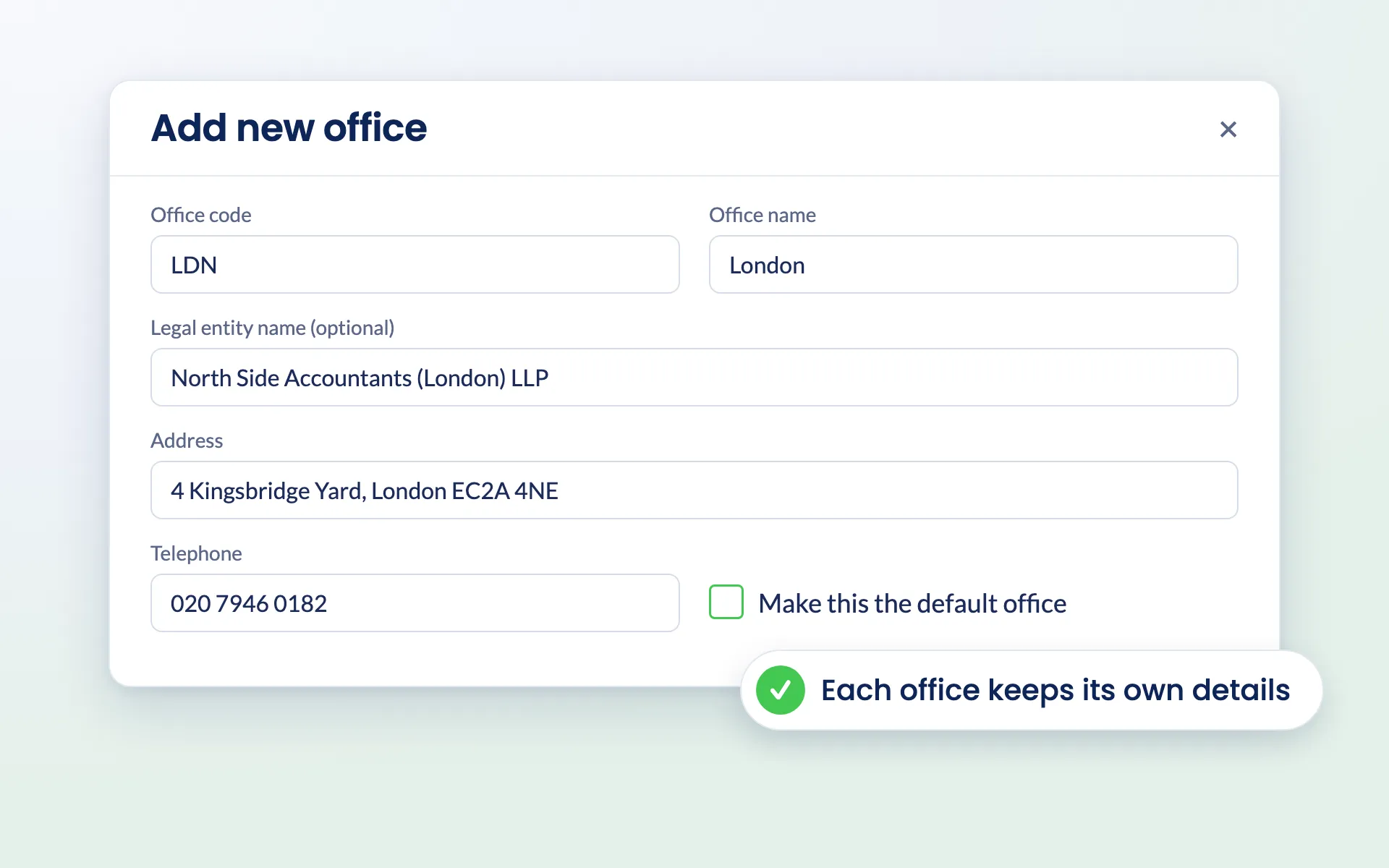 Adding a London office in Engager with code, name, legal entity name, address and telephone