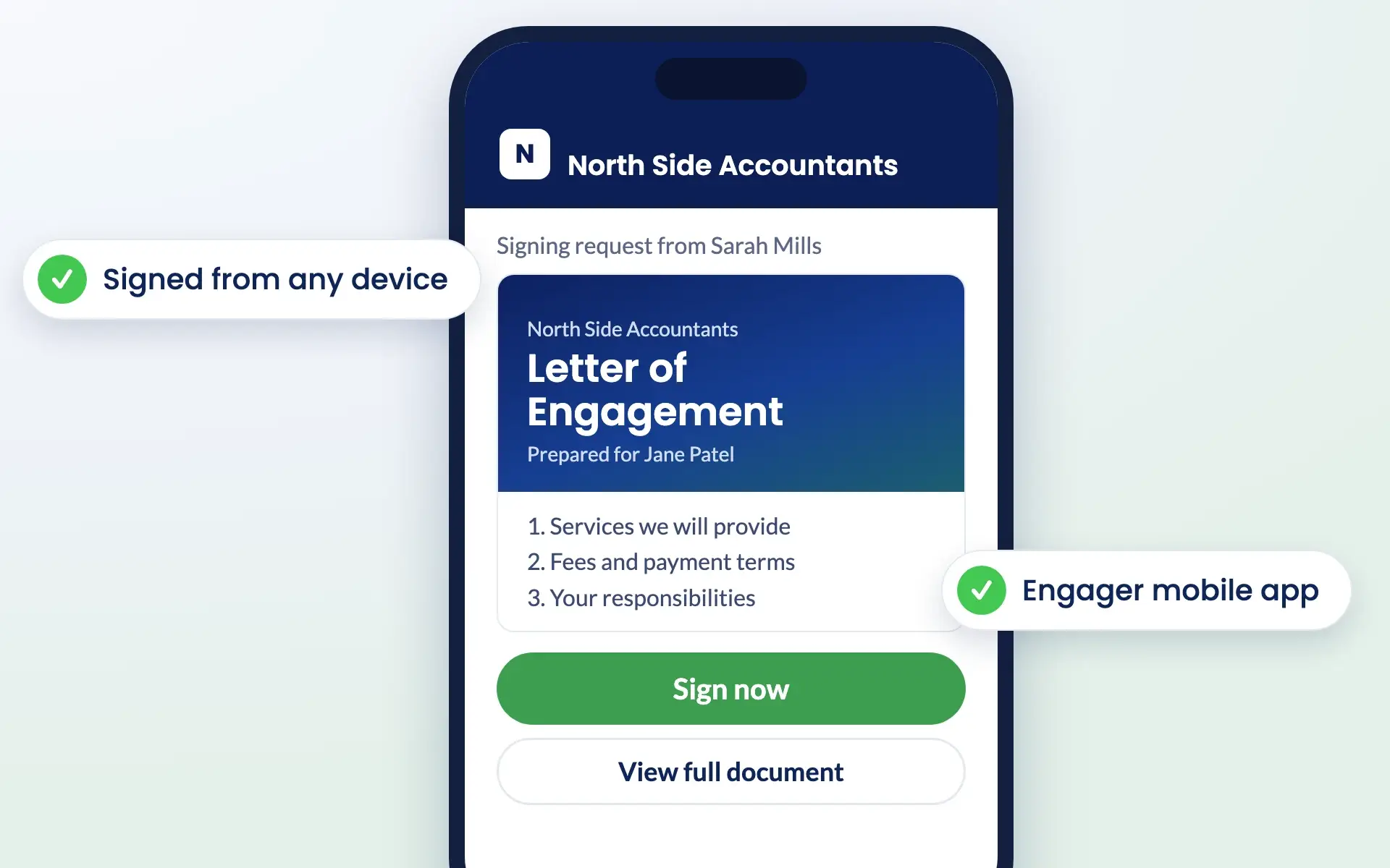 Engager mobile app showing a branded letter of engagement ready to sign