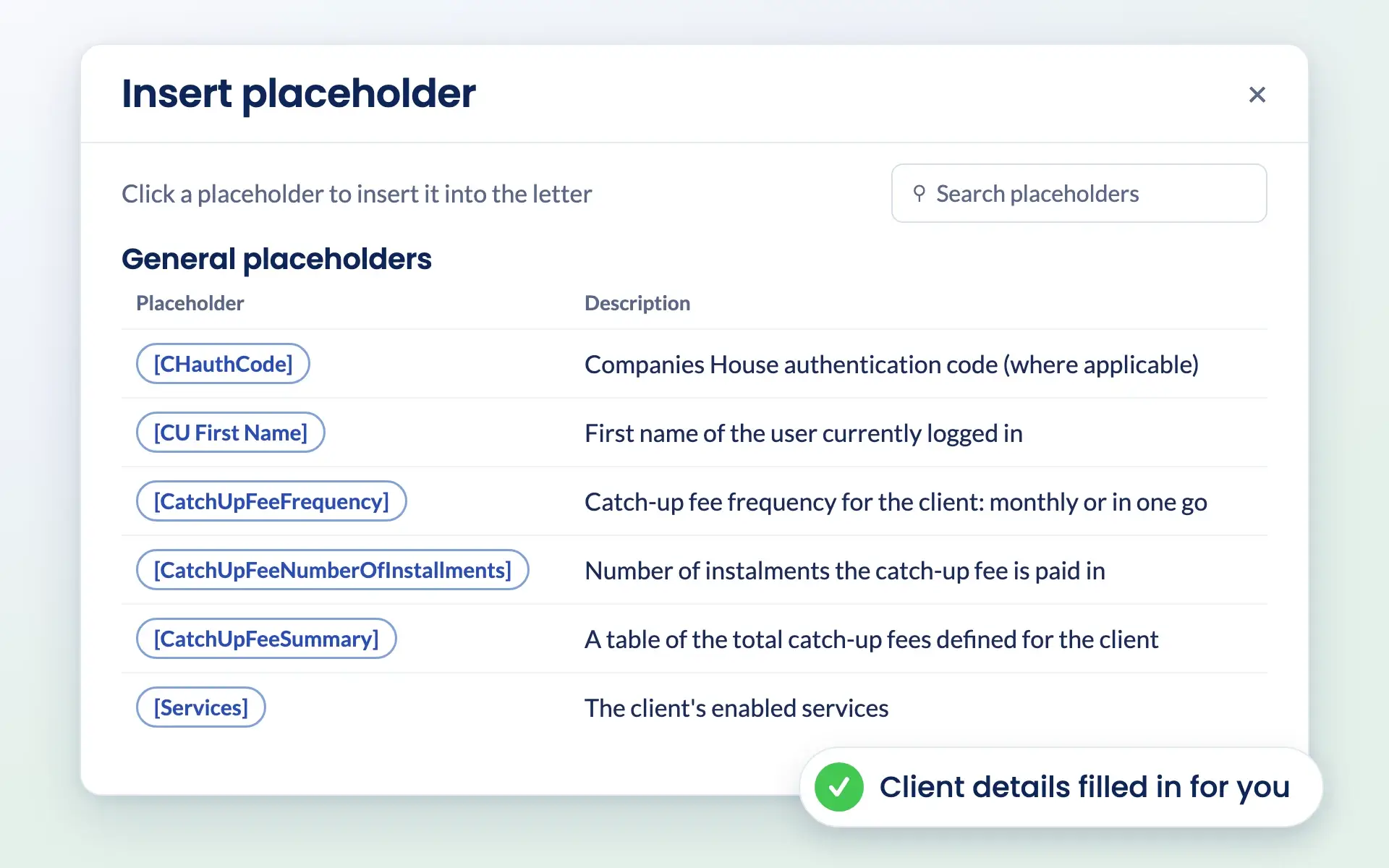 Engager placeholder list for inserting client details into a letter