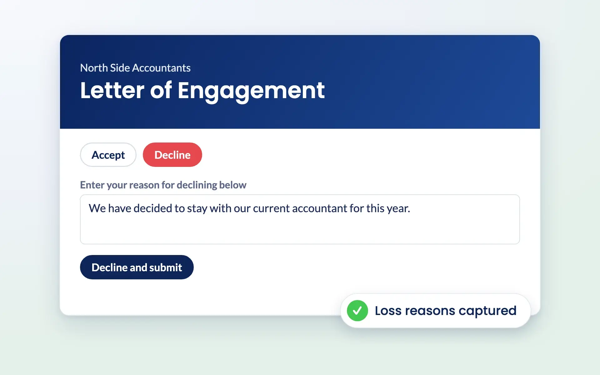 Prospect declining a letter of engagement and giving a reason