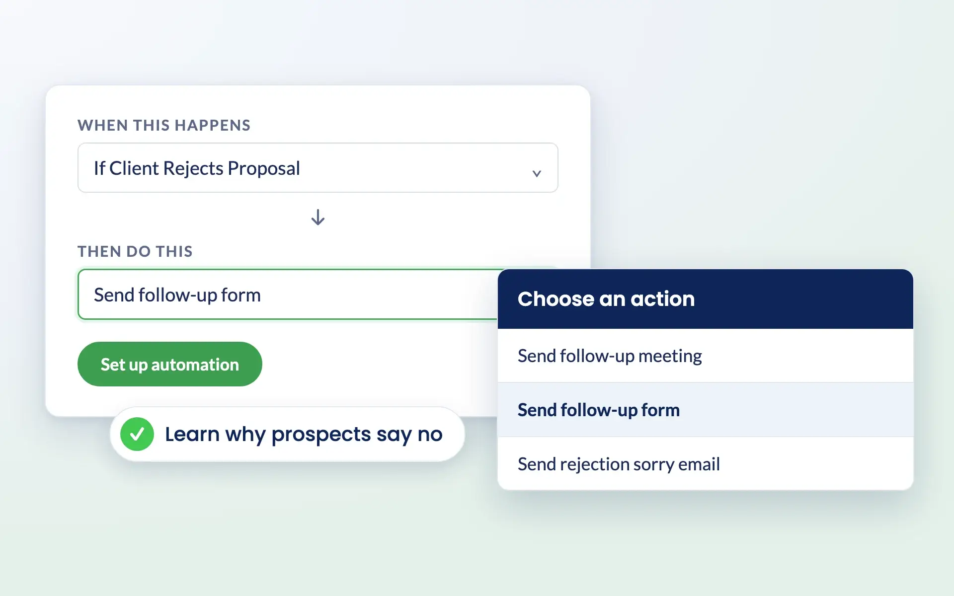 Engager automation that sends a follow-up form when a client rejects a proposal