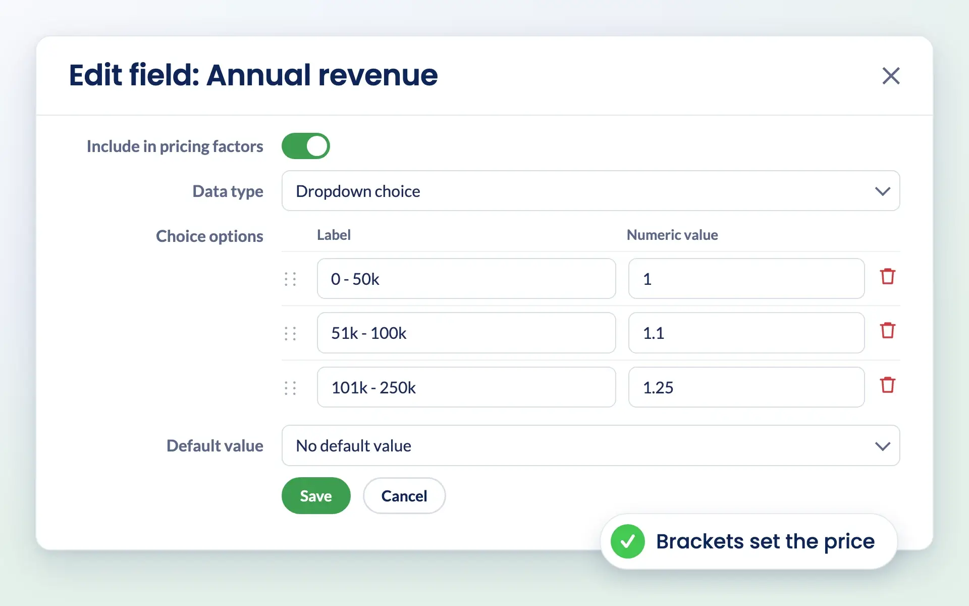 Engager pricing field with annual revenue brackets and numeric values