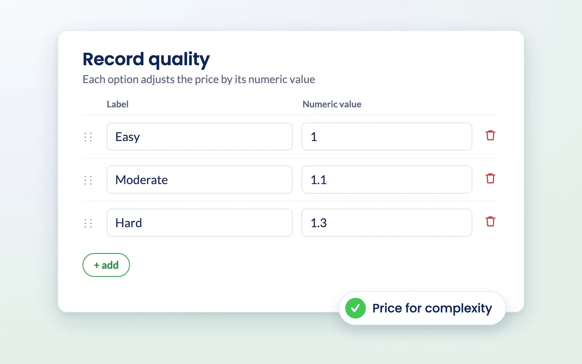 Engager pricing options with a numeric value for each level of record quality