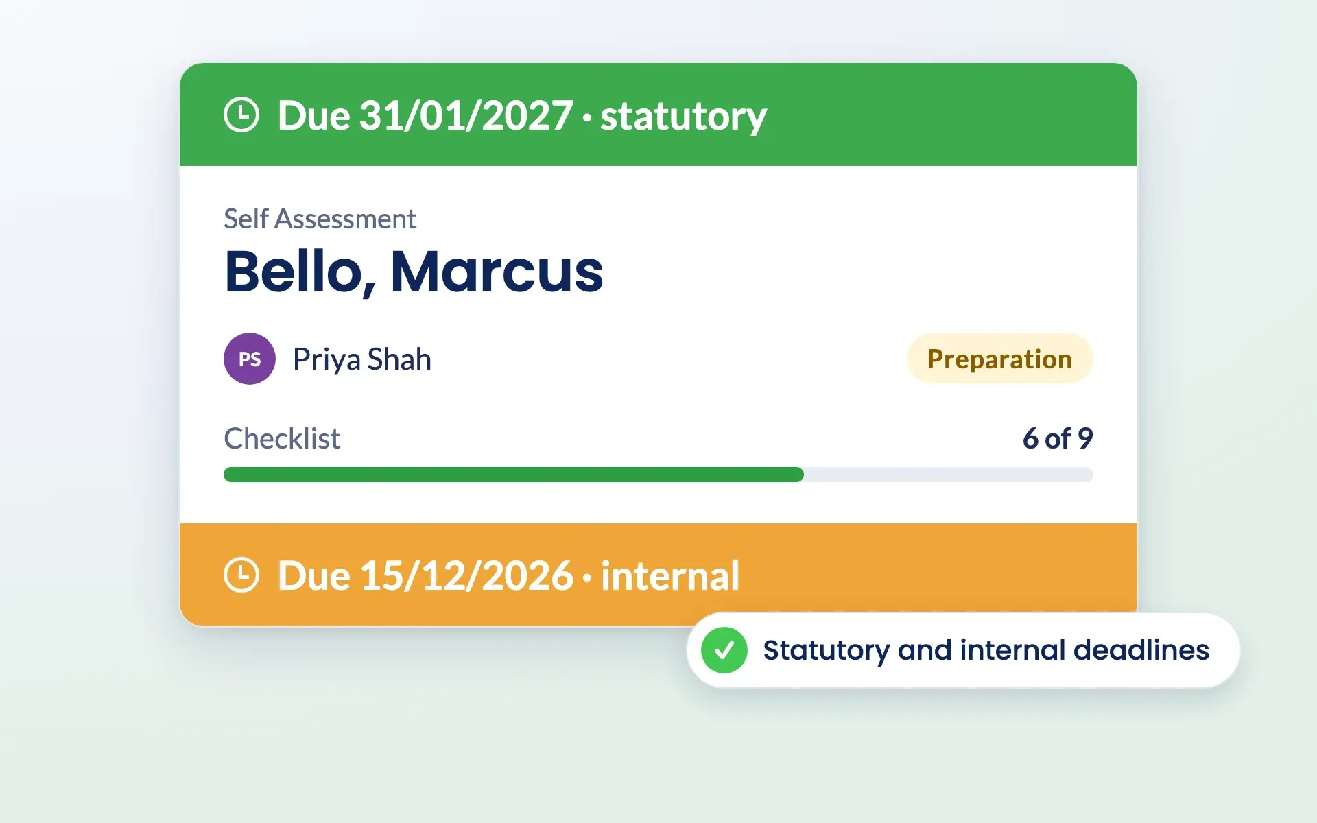 Engager work item card with statutory and internal deadlines