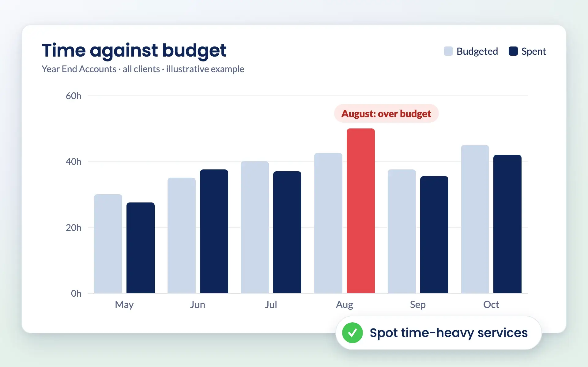 Chart comparing budgeted and spent time by month for a service