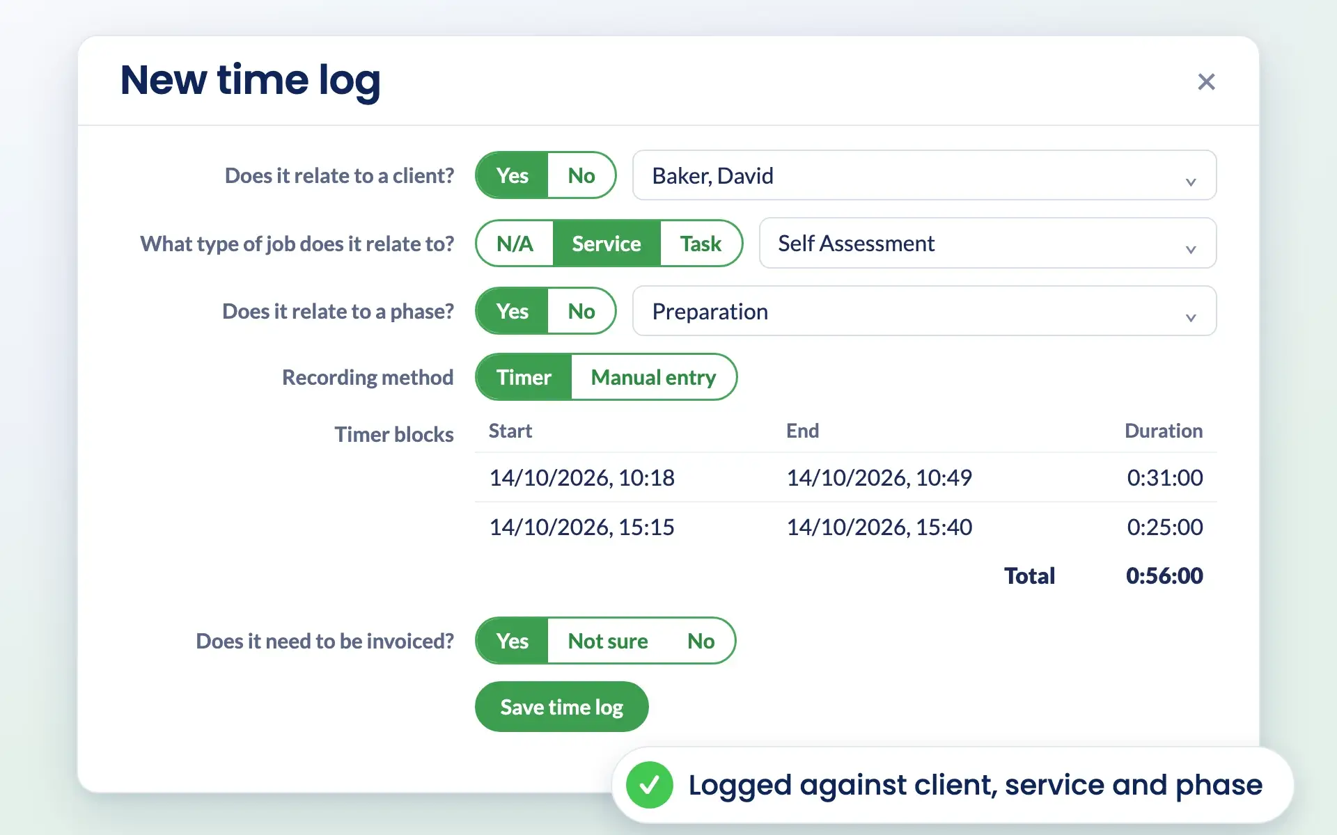Recording a time log in Engager against a client, service and phase