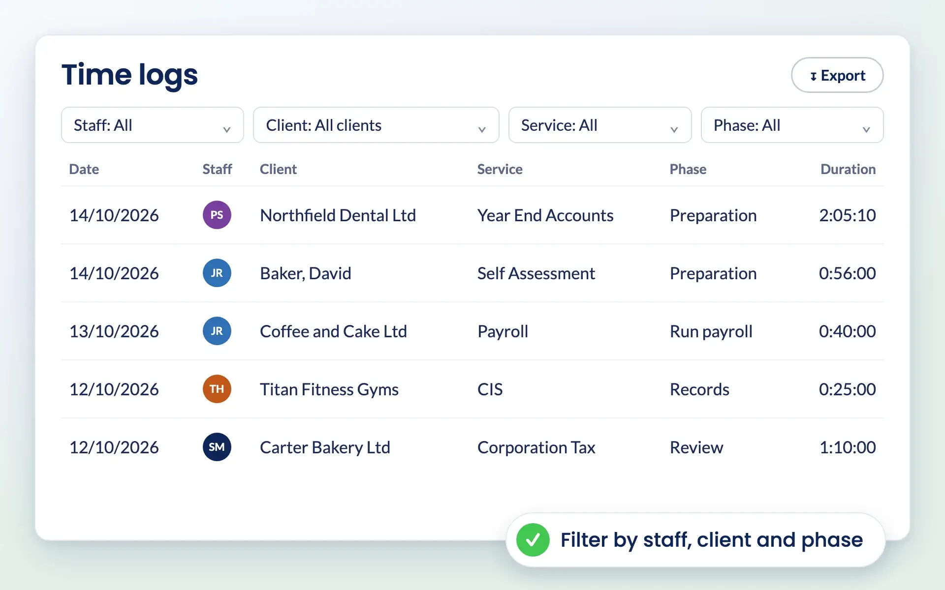 Engager time logs filtered by staff, client, service and phase